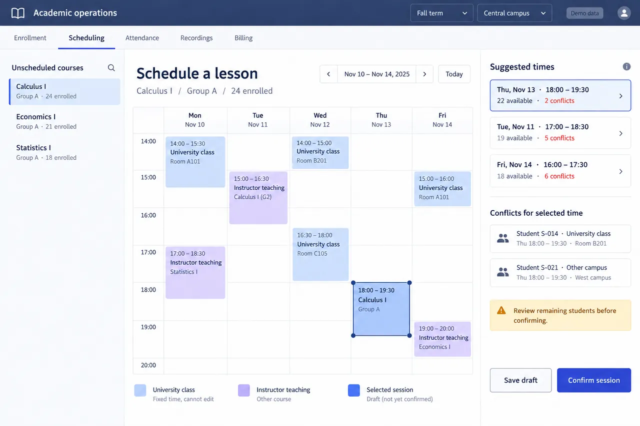 Reconstructed tutoring scheduling screen with a weekly timetable, suggested lesson times, and student conflicts.
