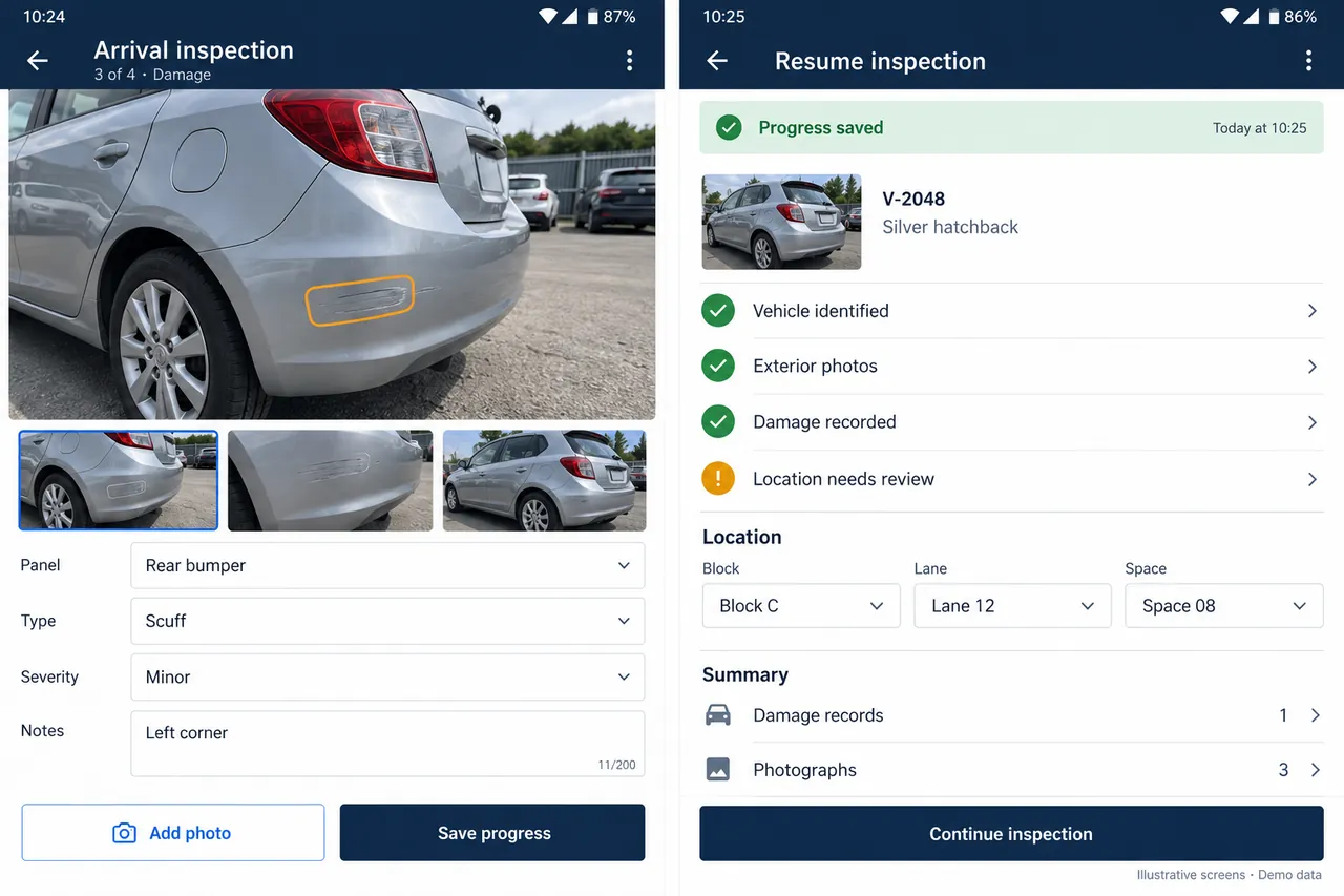 Reconstructed mobile vehicle inspection screens showing a damage photograph, saved progress, and compound location fields.