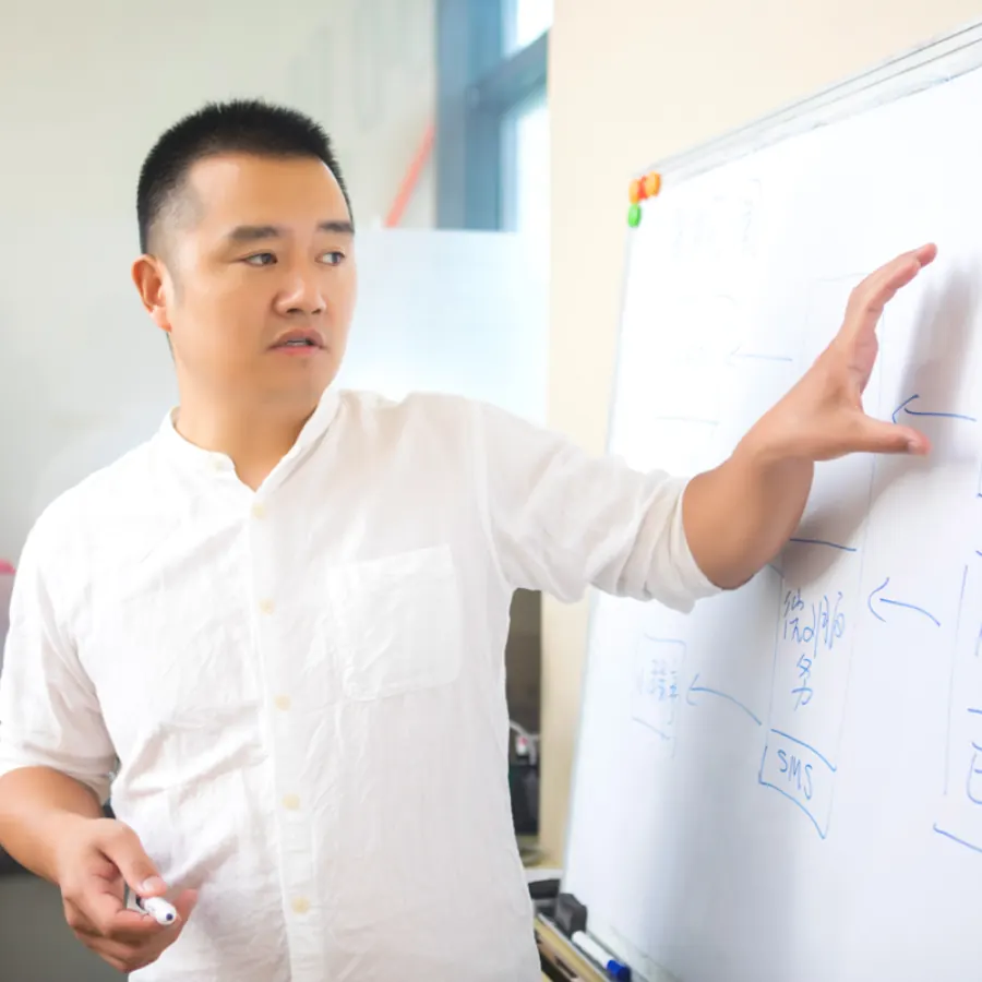 Shinetech technical lead explaining a software delivery plan on a whiteboard
