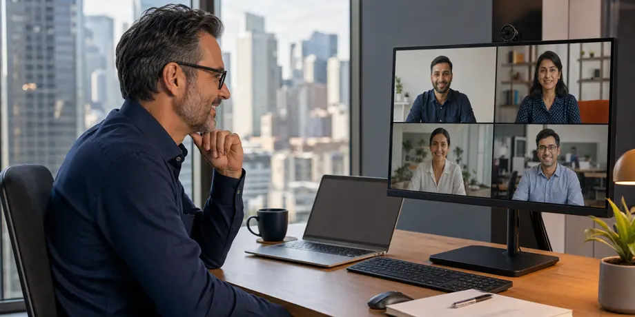 Business leader collaborating by video with a long-term software engineering team