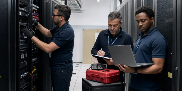 Data center engineers performing a staged system migration