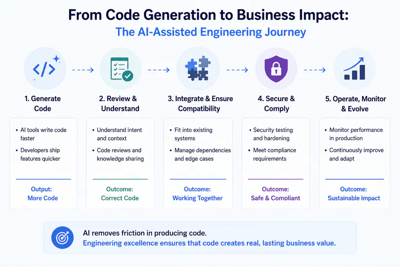 AI-assisted engineering journey from understanding the business problem through architecture, implementation, verification, deployment, and reliable software.