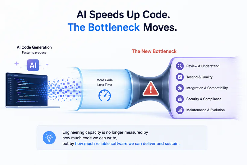 Comparison showing that faster AI code generation does not automatically increase total engineering capacity because verification and integration remain constraints.