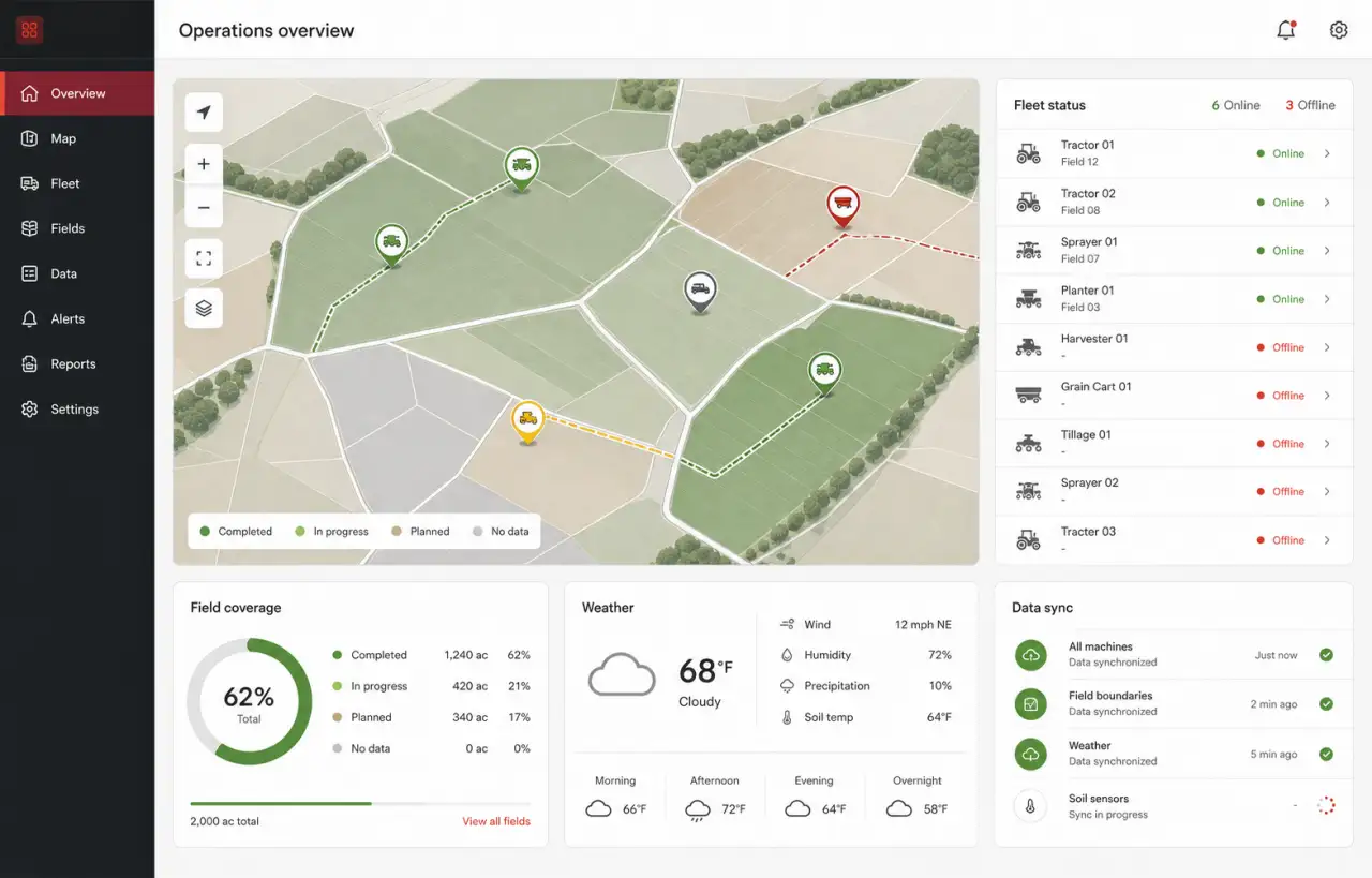 Illustrative farm operations dashboard showing field coverage, machine locations, fleet status, weather, and data synchronization.