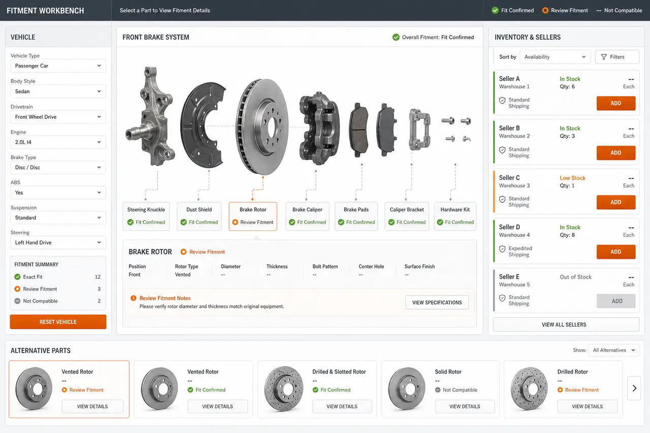 Illustrative automotive parts fitment workbench with an exploded component diagram, vehicle compatibility choices, coupon matching, and dealer status drawer.