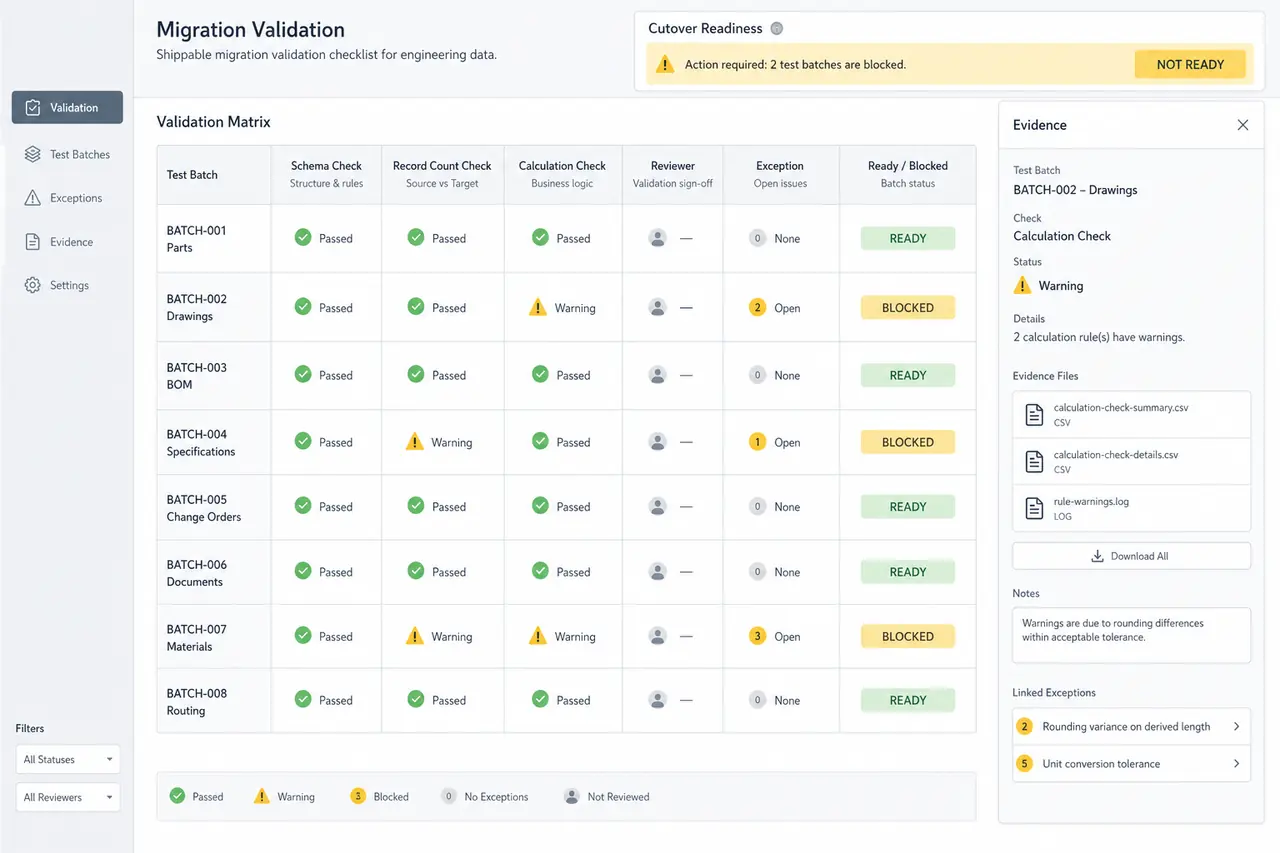Illustrative migration validation console with mechanical-style checks for manual scenarios, automated suites, data reconciliation, cutover readiness, and issue sign-off.