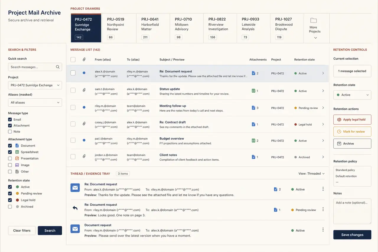 Illustrative three-party project email relay with buyer and vendor addresses hidden behind privacy masks and messages grouped inside a project envelope.