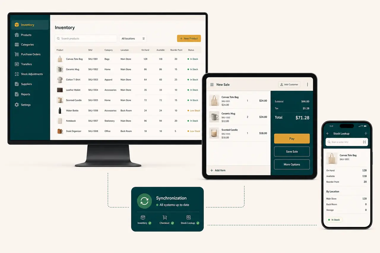 Illustrative retail session continuing across a desktop point-of-sale window, tablet inventory view, and mobile transaction card around a shared sync center.