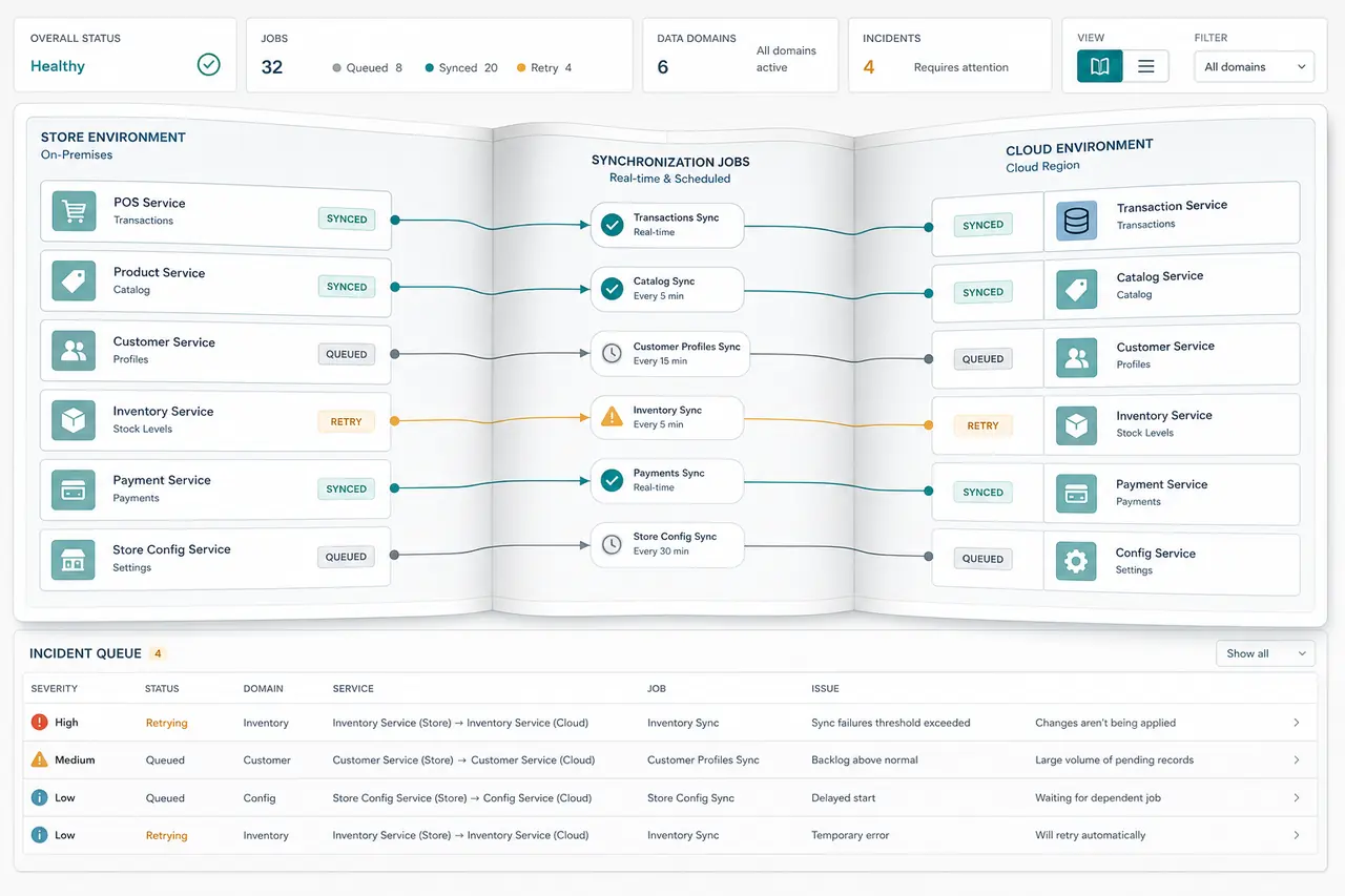 Illustrative hybrid retail sync layer with collapsible merchandising, accounting, store, and device data panels showing online and offline states.