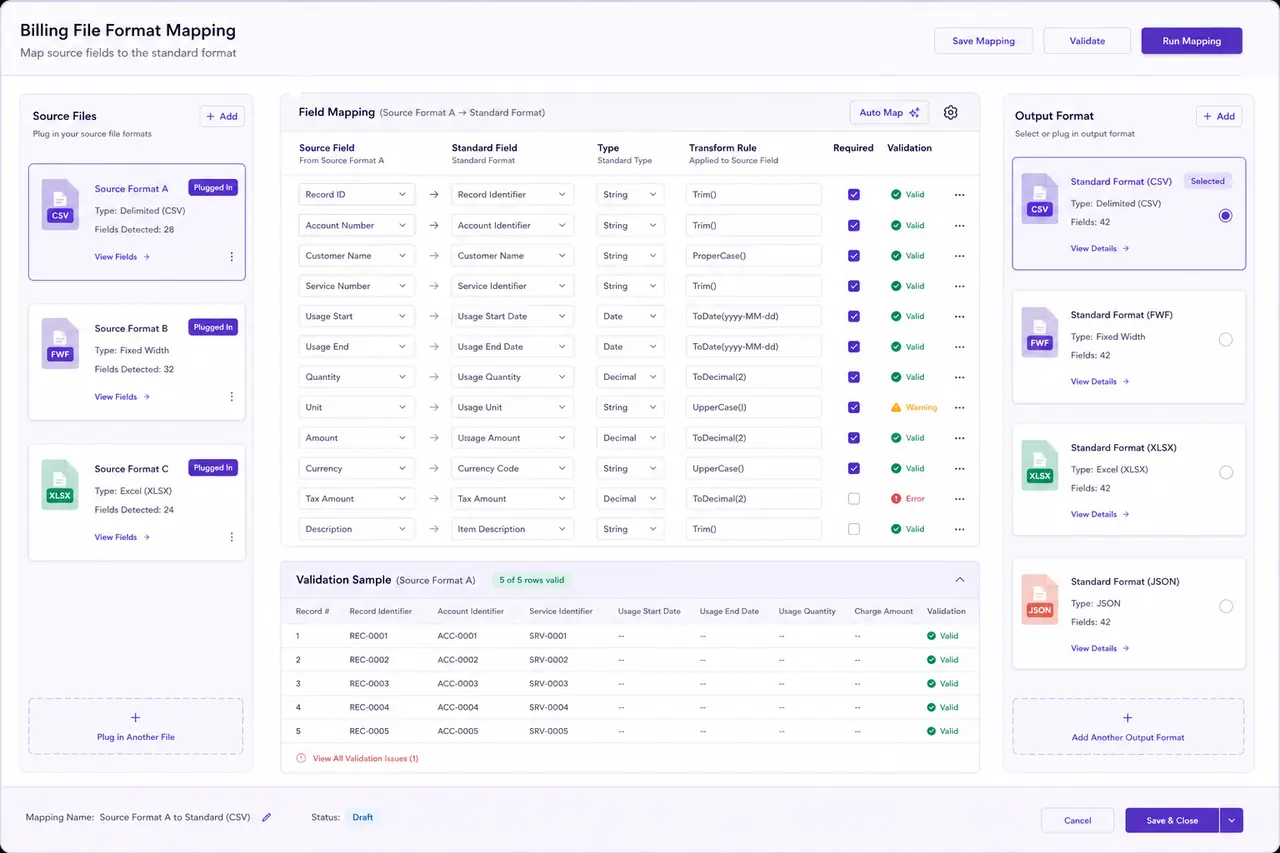 Illustrative telecom billing mapper with plug-in file cards for DBF, BIL, CSV, text, fixed-width DAT, and MDB feeding a shared field-validation canvas.