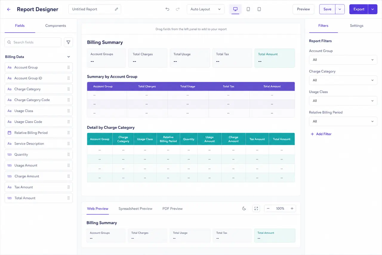 Illustrative telecom report designer with a management indicator summary, allocation filters, report setup controls, and preview tabs for PDF, Excel, and HTML.