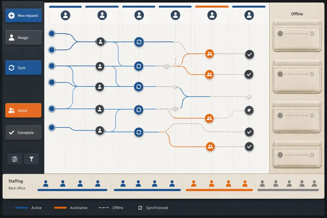 Illustrative field-service dispatch workflow showing requests, technician assignments, synchronization, assistance, offline work, and completion.