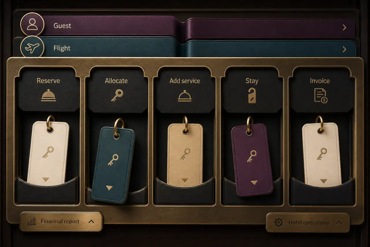 Illustrative hotel reservation keywall connecting guests, flights, room allocation, add-on services, stays, invoices, and operations.