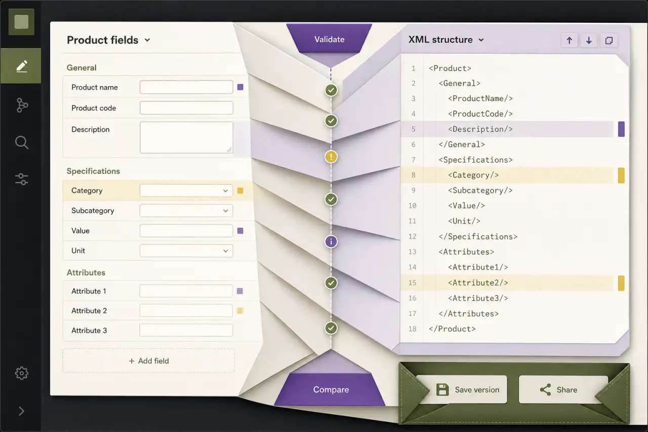 Illustrative product-information editor with structured fields, XML, validation, comparison, version saving, and sharing.