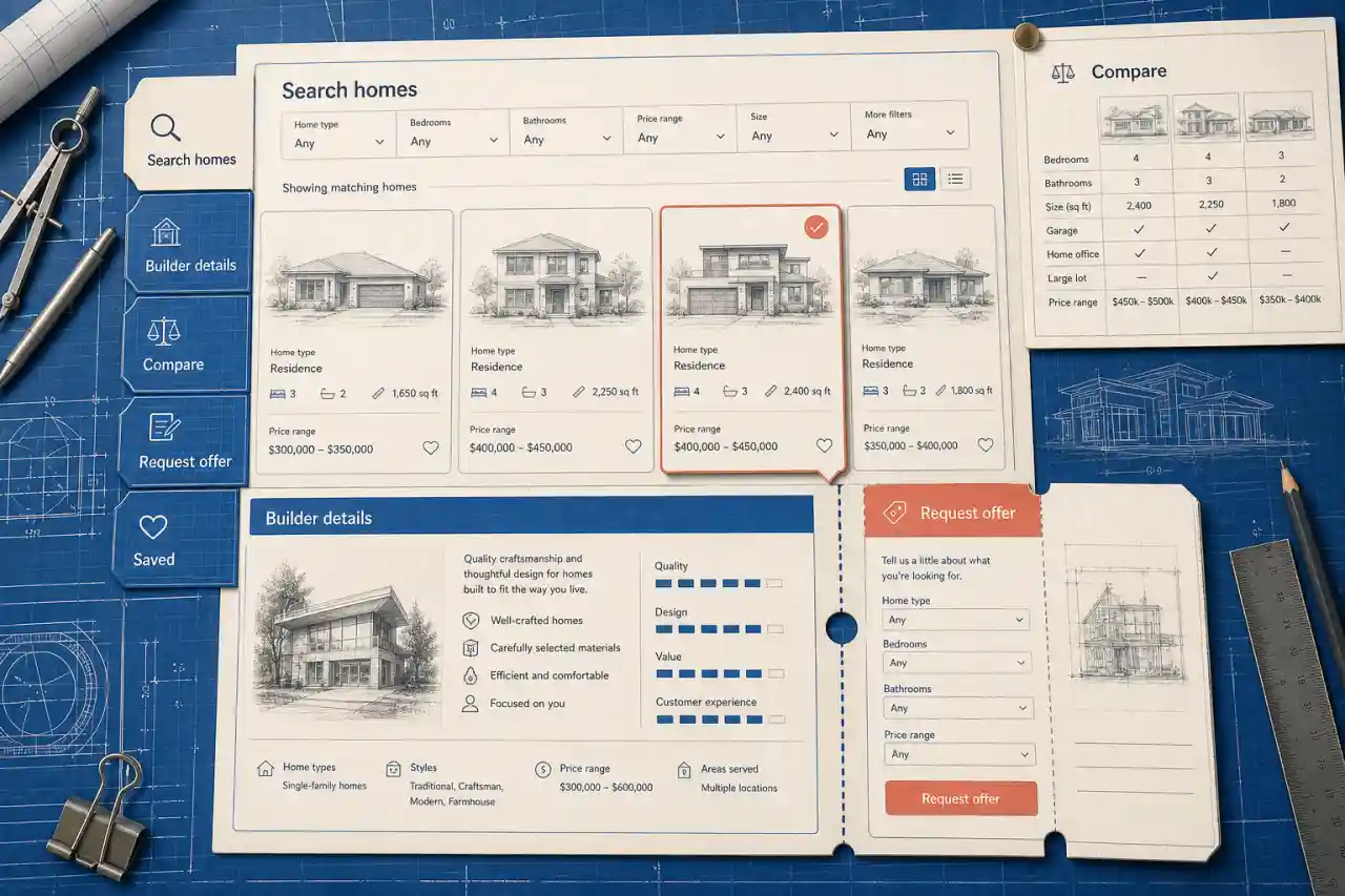 Illustrative real estate information portal with home search, builder details, comparison, and offer request.