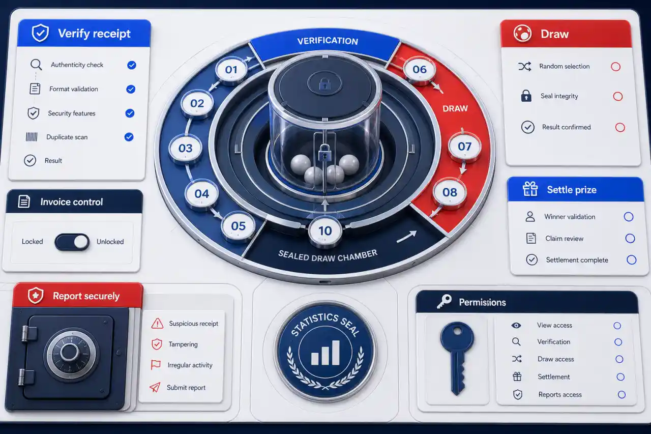 Illustrative receipt verification workflow with authenticity checks, a sealed draw, prize settlement, confidential reporting, and permissions.