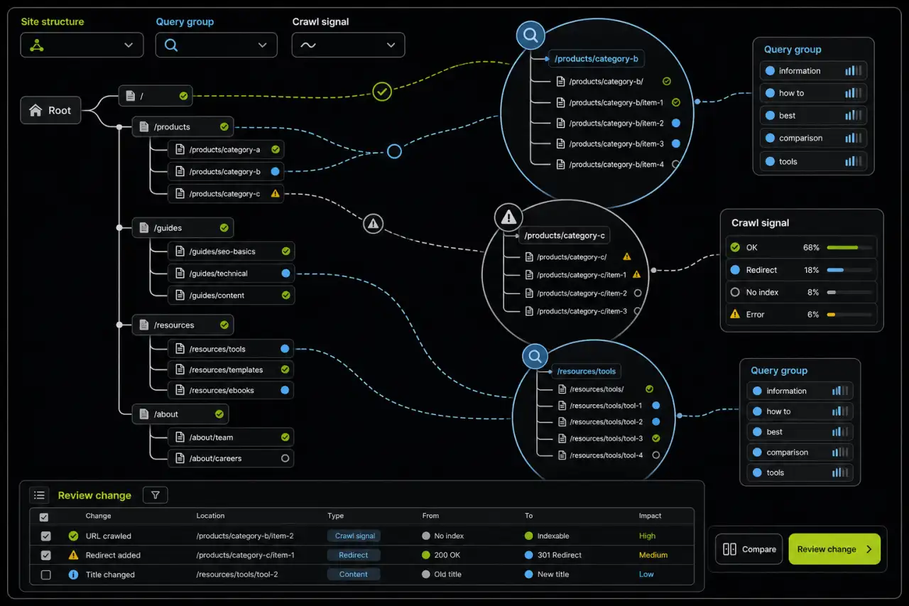 Illustrative SEO monitoring workspace showing a site tree, query groups, crawl signals, and change review.