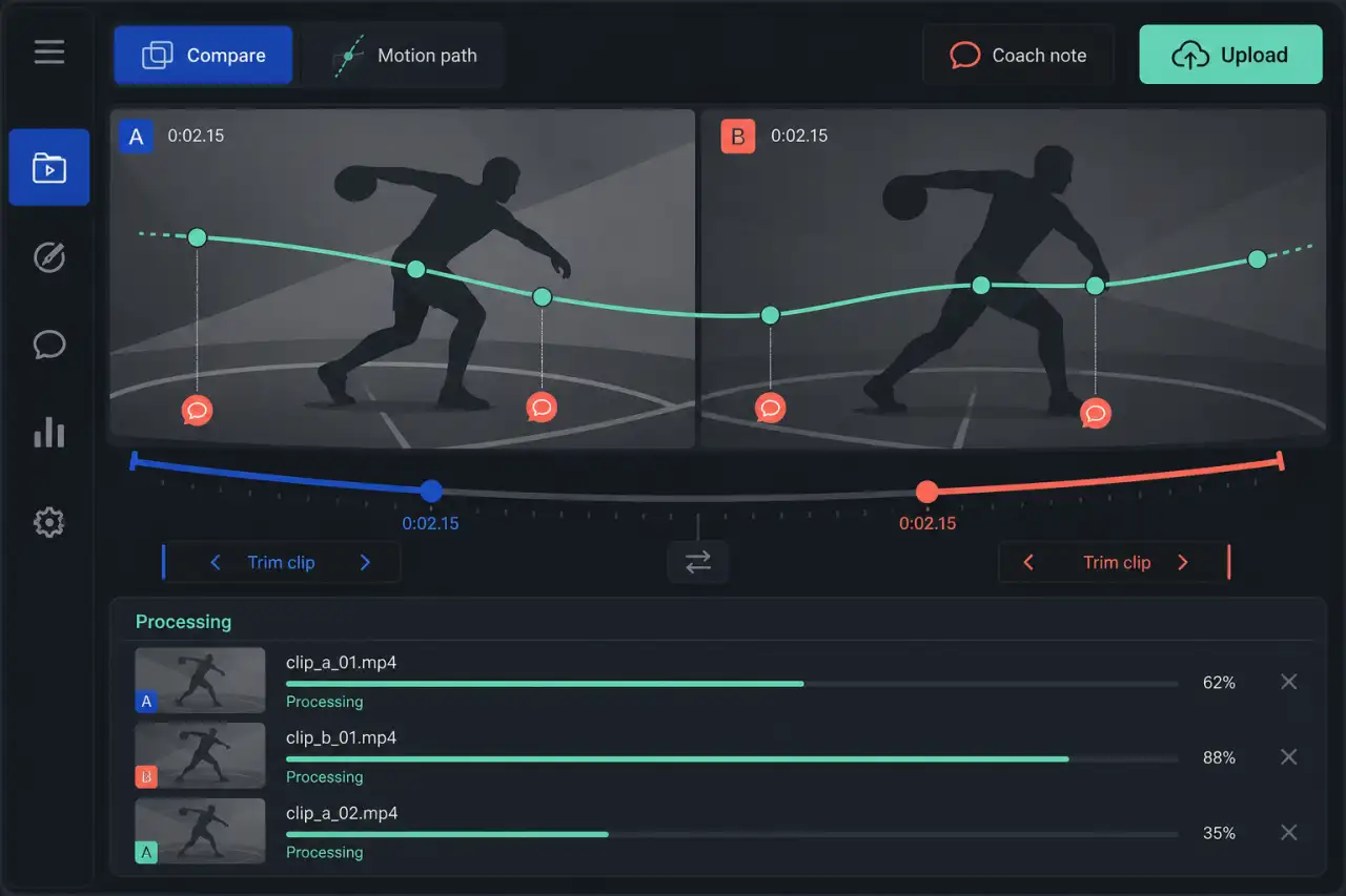 Illustrative sports video coaching workspace showing side-by-side comparison, motion paths, notes, clip controls, uploads, and processing.