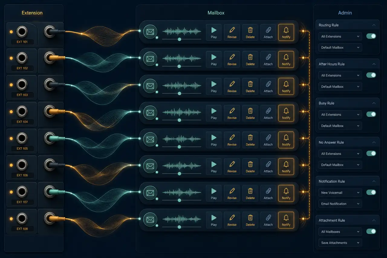 Illustrative voicemail switchboard connecting extensions to voice mailboxes, playback, message actions, notifications, and administration rules.