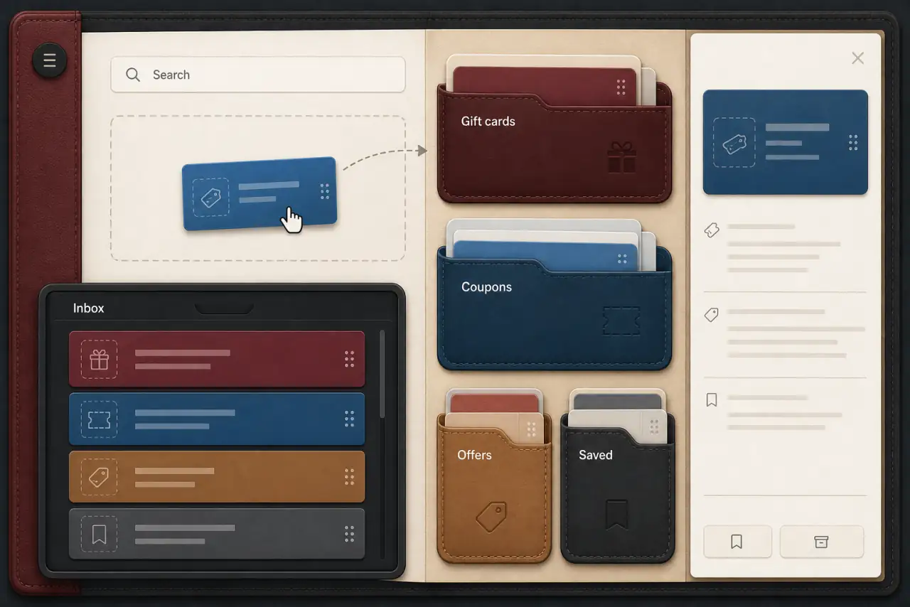 Illustrative consumer wallet workspace with search, private messages, gift cards, coupons, offers, and saved-item pockets.