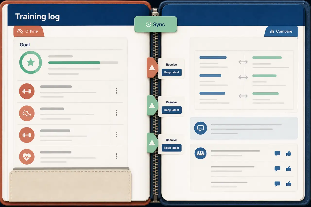 Illustrative fitness training log with offline entries, goals, web progress comparisons, synchronization, and conflict-resolution controls.