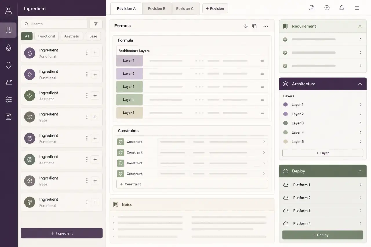 Illustrative formulation ERP workbench with ingredient strips, a central formula and constraints sheet, requirements, revisions, architecture layers, and deployment drawers.