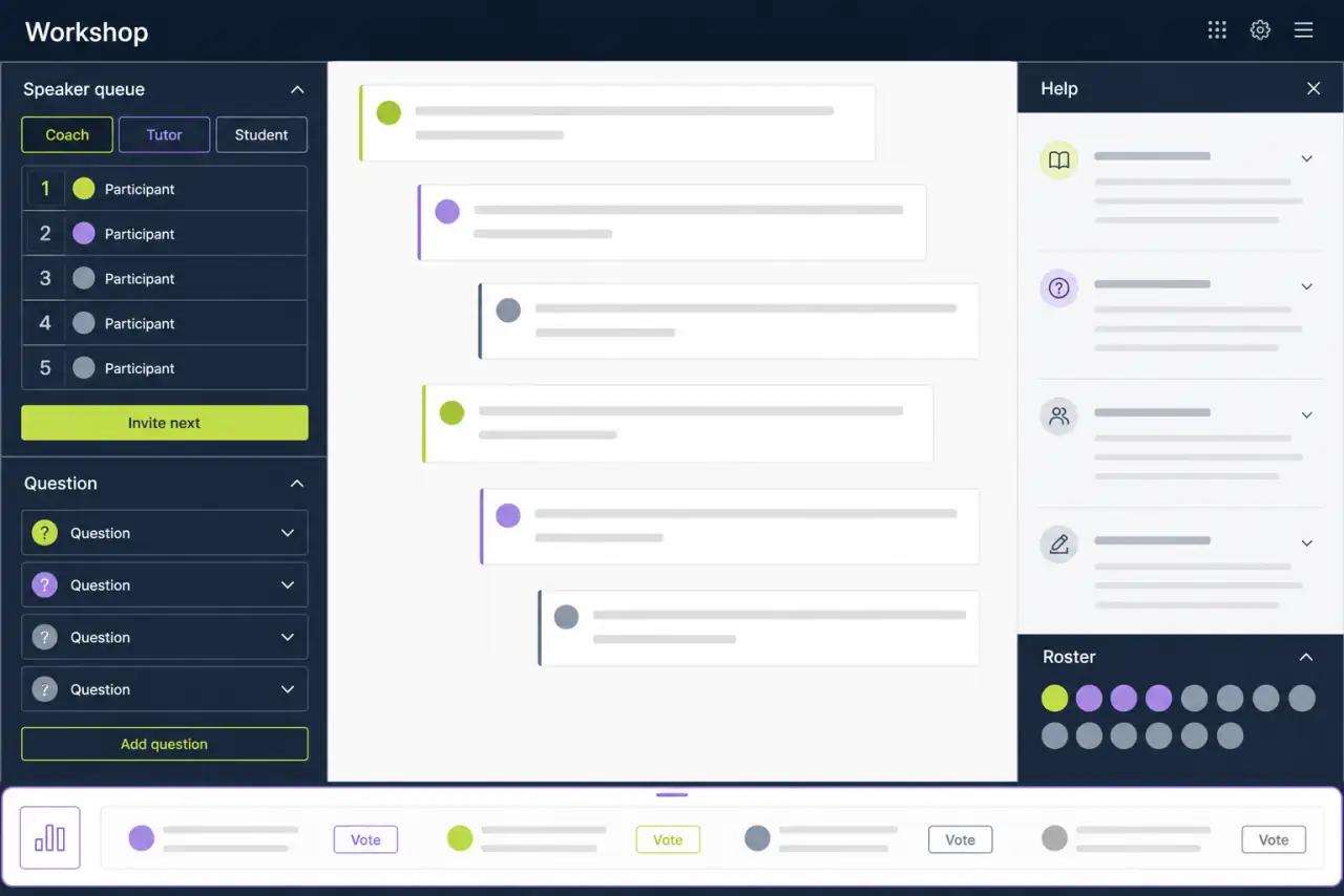Illustrative live workshop console with role tabs, speaker queue, questions, help, roster, and polling controls.