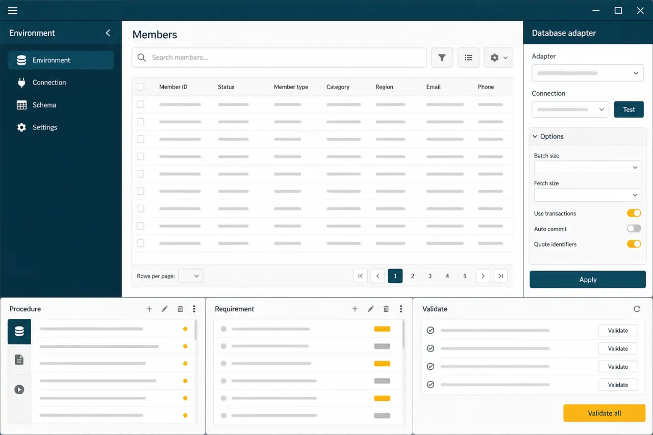 Illustrative membership administration interface with operating-system tabs, database adapters, stored-procedure migration notes, and validation controls.