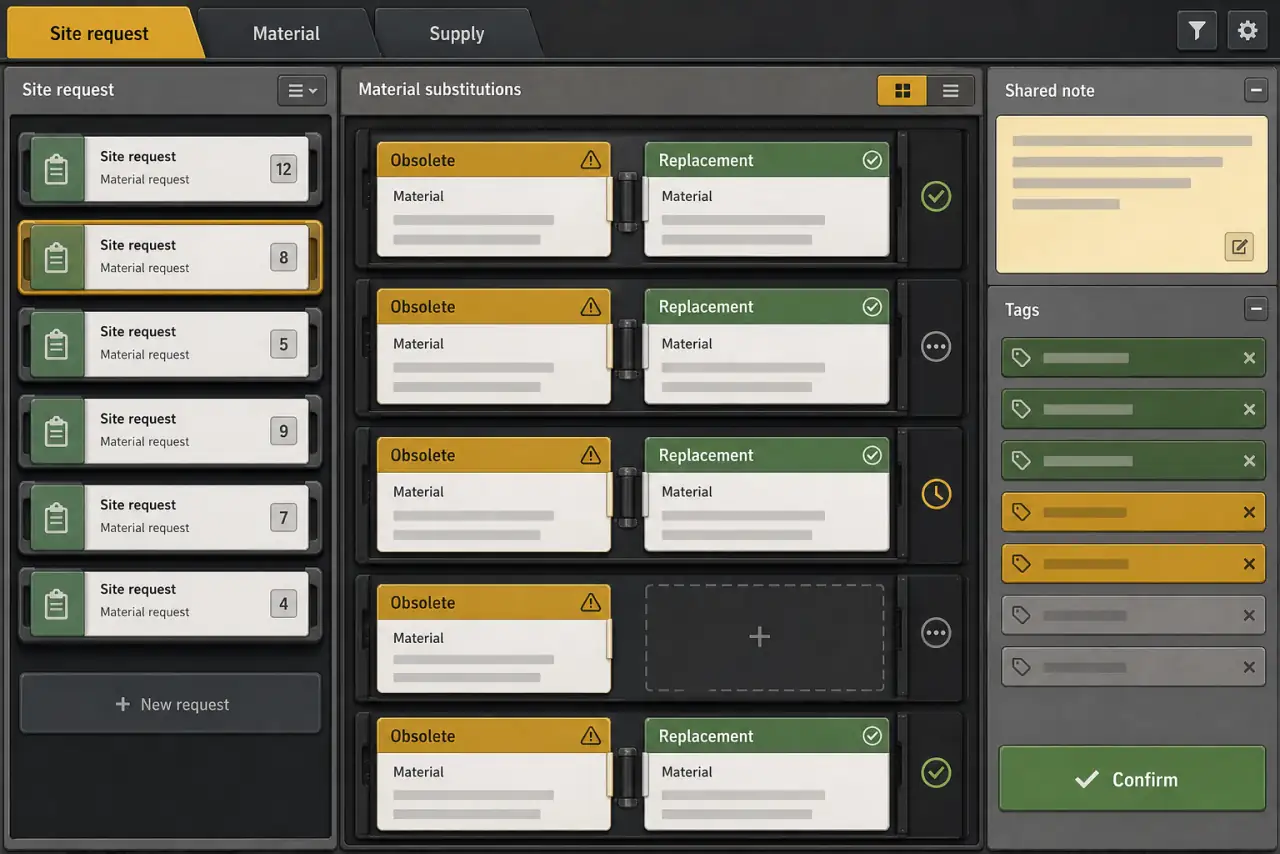 Illustrative mining-materials workspace with site requisitions, supply trays, shared notes, and obsolete-to-replacement inventory cards.