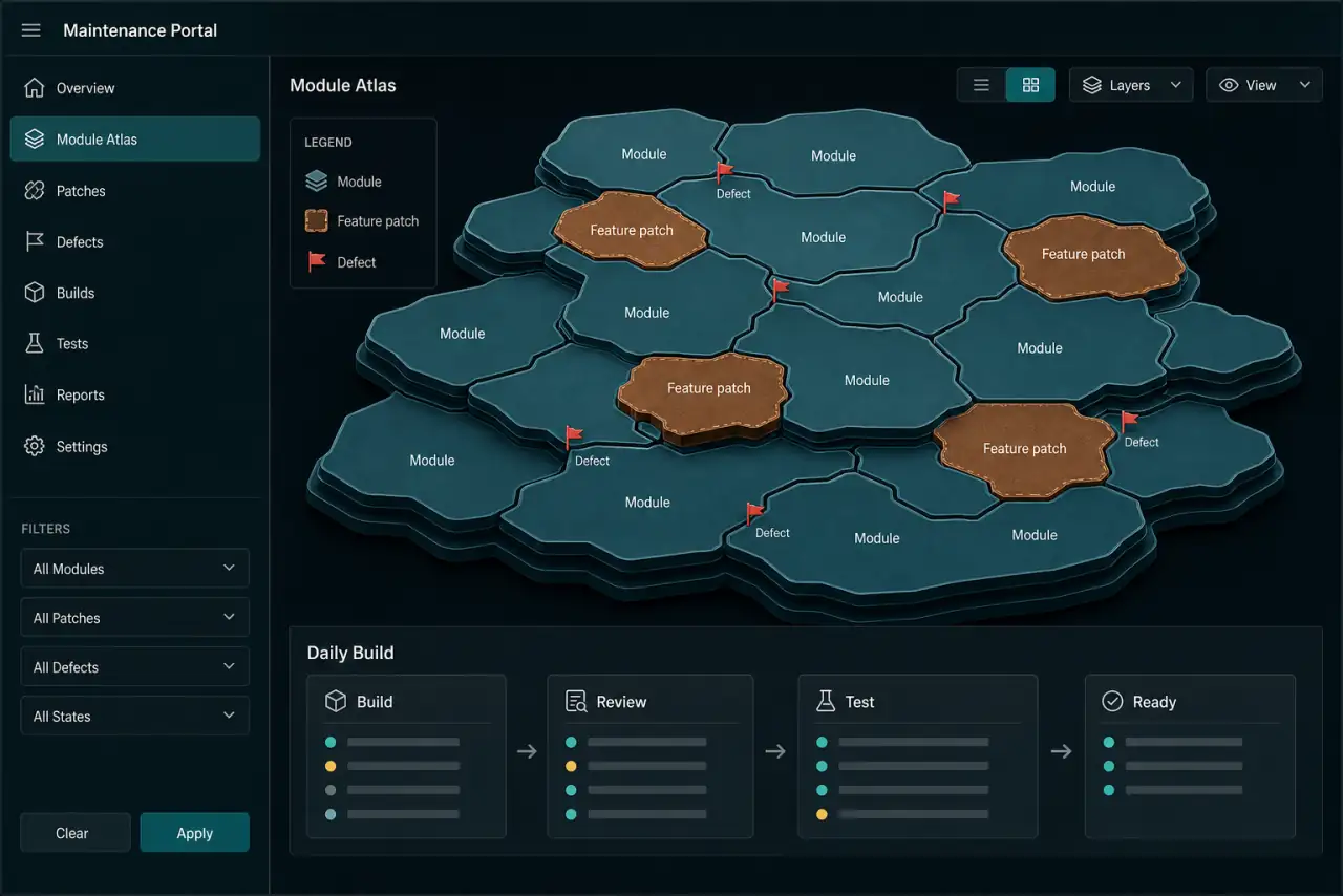 Illustrative payment-software module atlas with feature patches, defect flags, review controls, and build and test states.