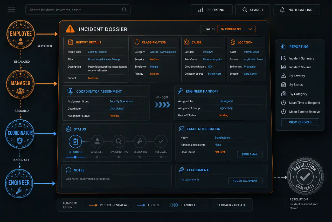Illustrative incident-response dossier with reporting, classification, cause, assignment, status, notification, and resolution controls.