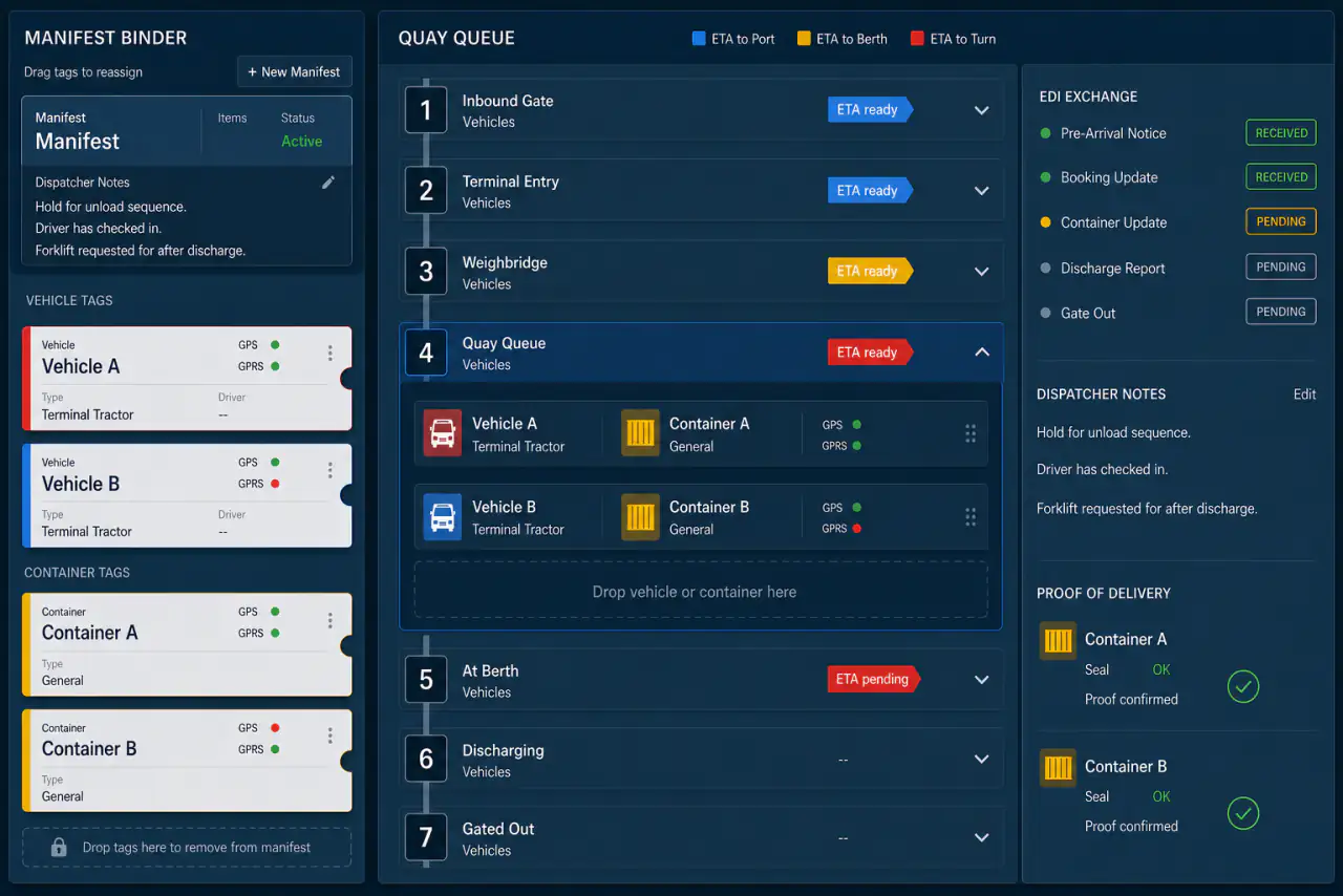 Illustrative port logistics interface with a manifest binder, generic vehicle and container tags, quay queue, ETA states, GPS and GPRS indicators, EDI exchange, and proof of delivery.