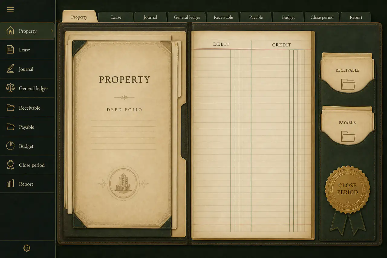 Illustrative property-accounting folio with property and lease tabs, balanced debit and credit columns, receivables, payables, budgets, reporting, and period closing.