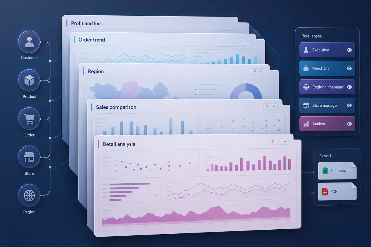 Illustrative retail business-intelligence folio linking customer, product, order, store, and region data to layered management reports, role lenses, and export controls.
