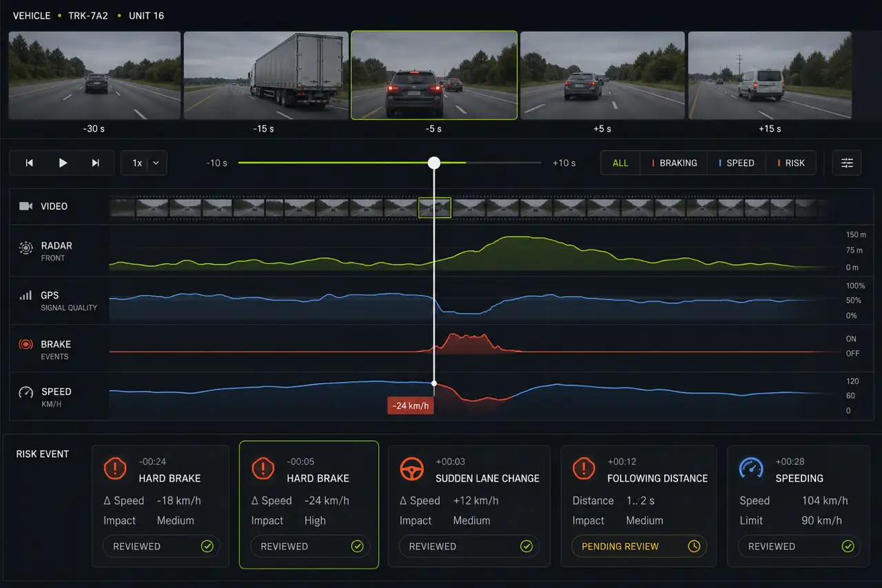 Illustrative fleet intelligence workspace showing synchronized vehicle views, GPS context, risk-event bands, and driver review cards.