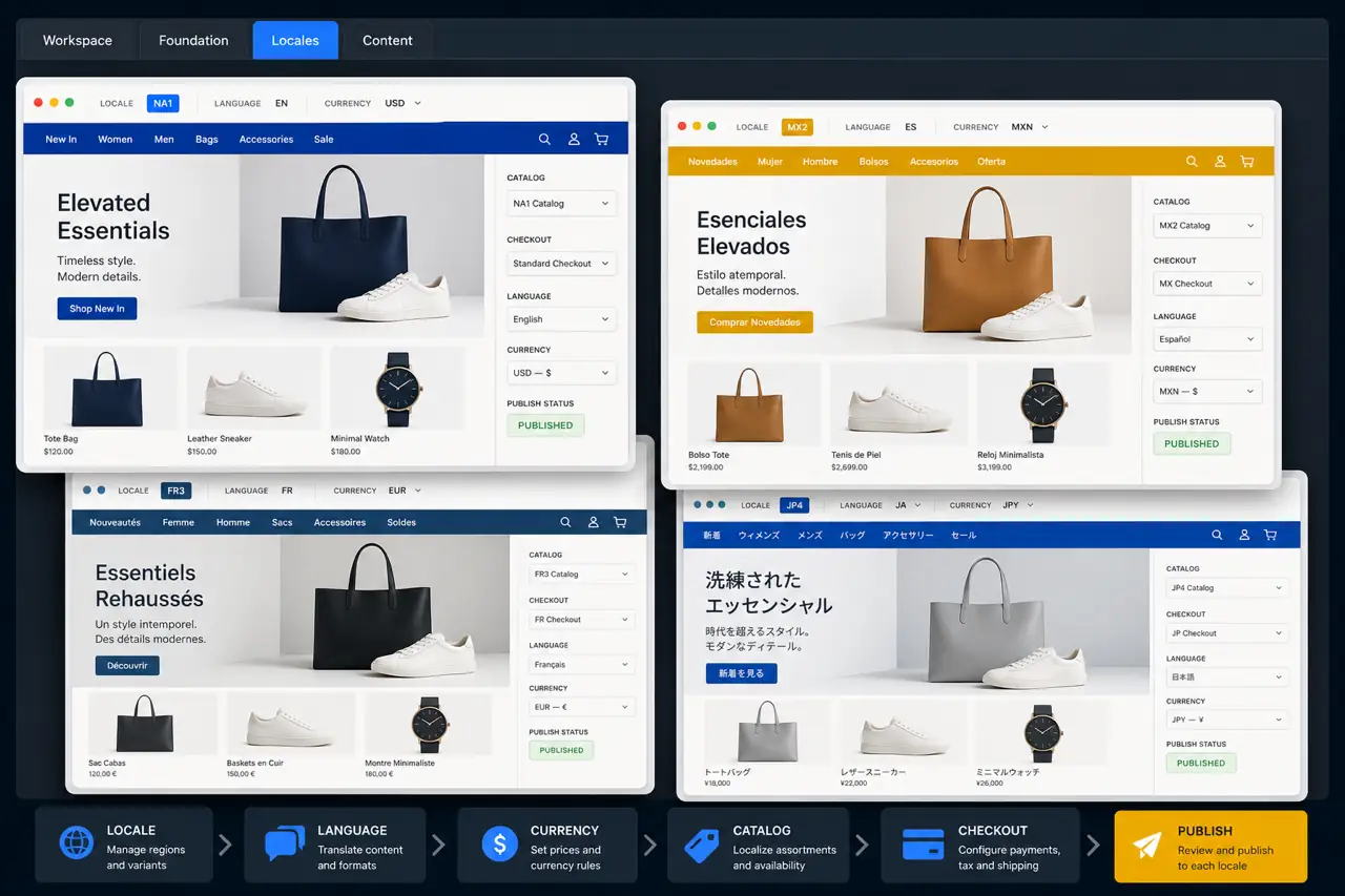 Illustrative localized commerce workspace showing overlapping market storefronts, language and currency controls, catalog differences, and checkout configuration.