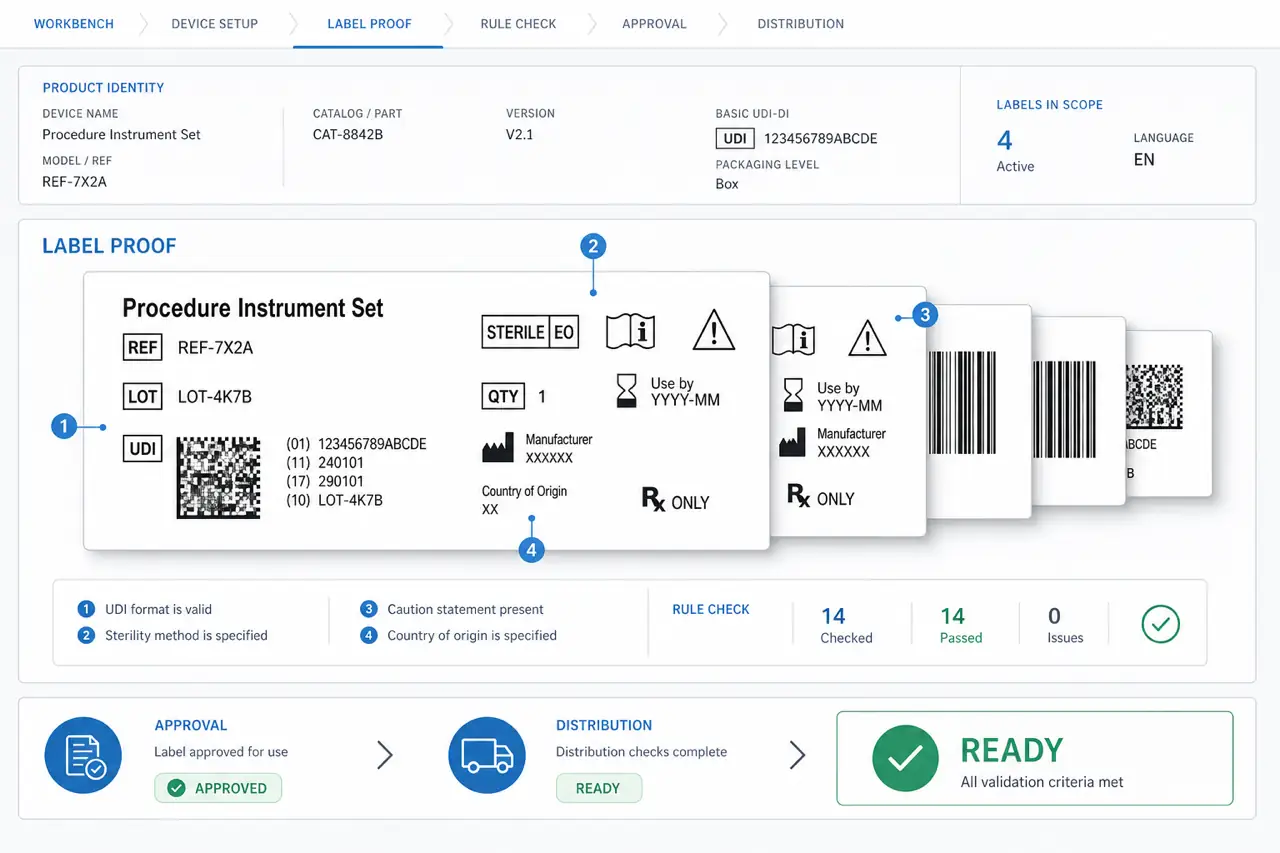 Illustrative medical device labeling workbench showing a UDI label proof, validation annotations, approval status, and distribution readiness.