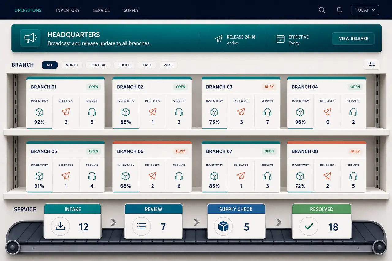 Illustrative retail pharmacy operations workspace showing headquarters updates, branch inventory cards, service tasks, and supply-chain status.