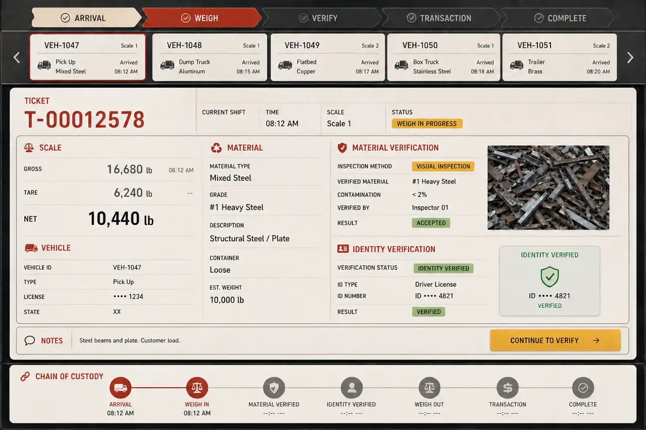 Illustrative recycling operations workspace showing a weigh ticket, material classification, chain-of-custody events, and connected scale status.