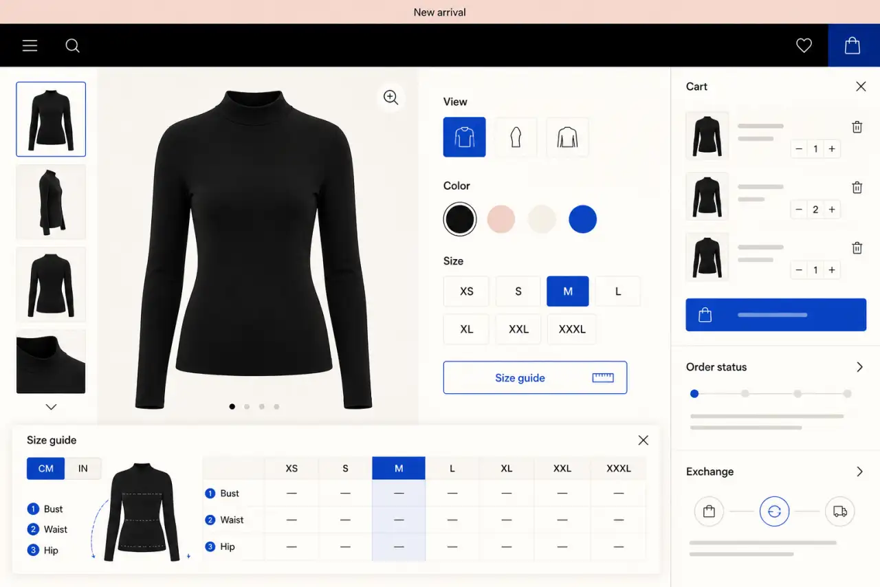Illustrative fashion storefront with multi-angle product views, color and size controls, size guide, cart, order status, and exchange tools.