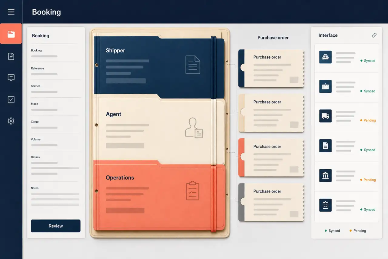 Illustrative logistics booking dossier with shipper, agent, operations, purchase-order, and interface controls.