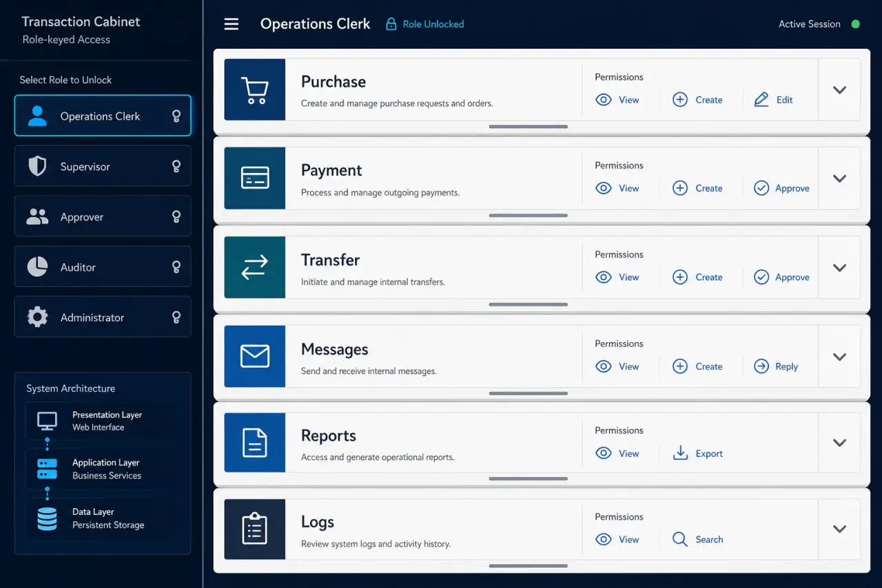 Illustrative role-keyed transaction cabinet with purchase, payment, transfer, messaging, reporting, log, and permission controls.