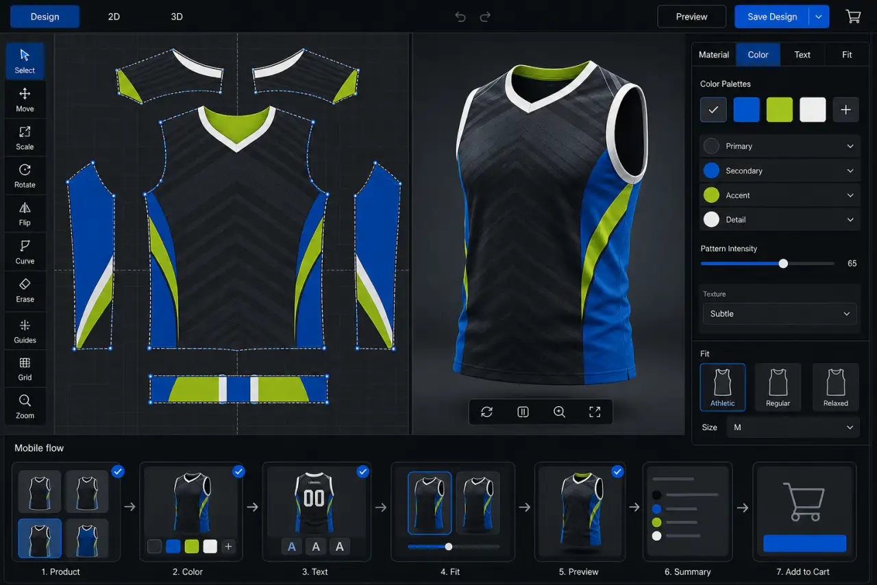 Illustrative sportswear customization studio with 2D pattern controls, 3D material preview, fit options, and a mobile-product flow.