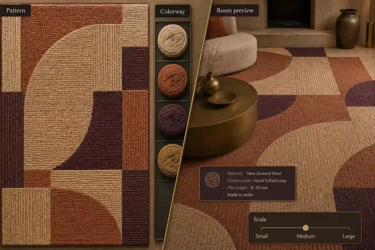 Illustrative custom carpet presentation studio with pattern, colorway, room preview, and scale controls.