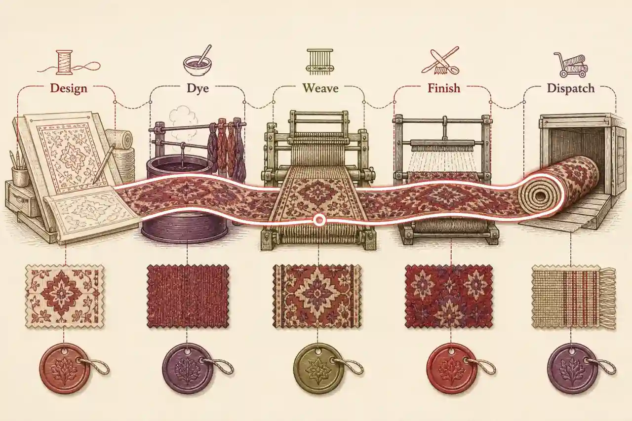 Illustrative woven production flow connecting design, dyeing, weaving, finishing, and dispatch.