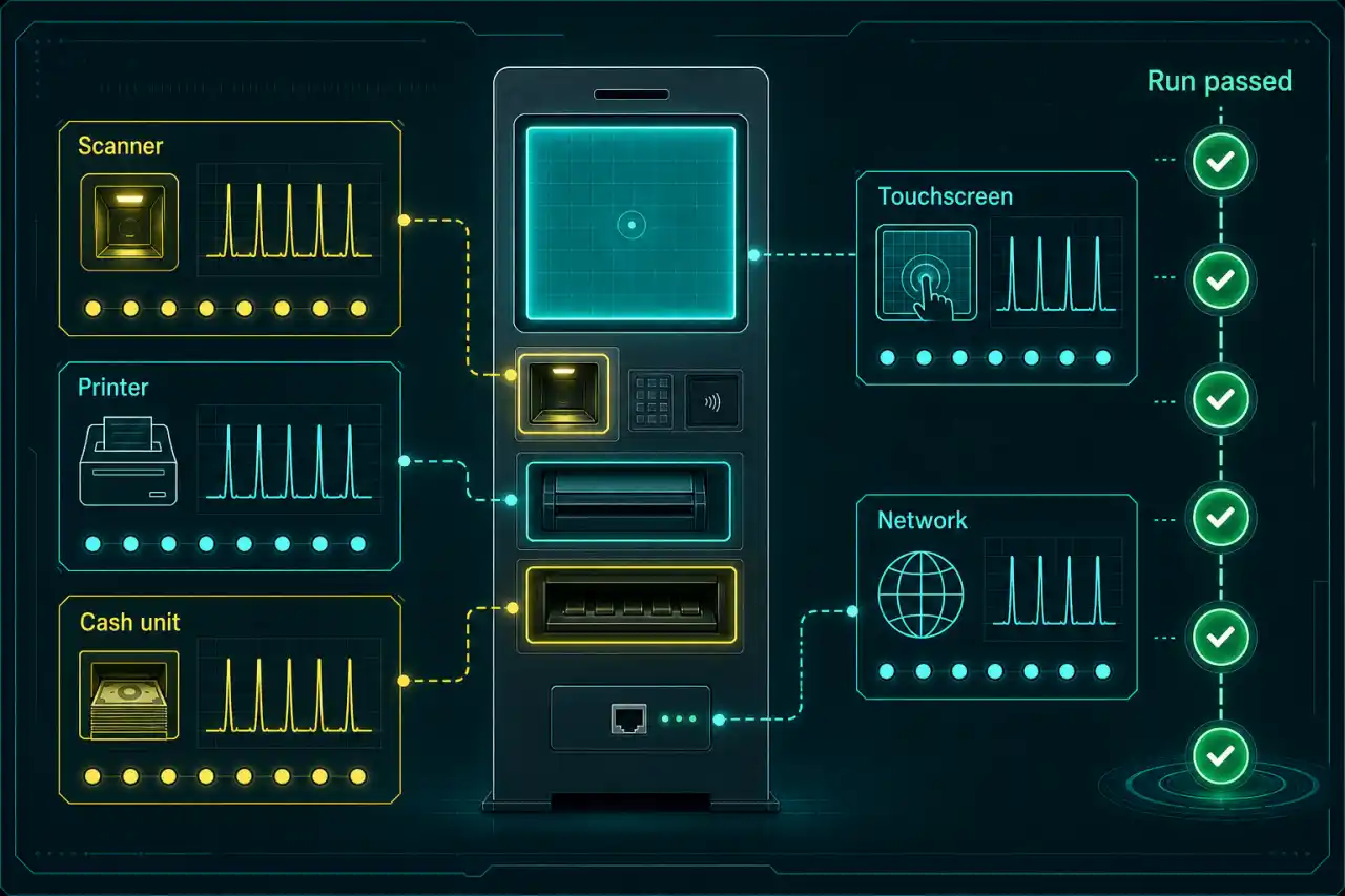 Illustrative kiosk regression lab checking scanner, printer, cash unit, touchscreen, and network signals.