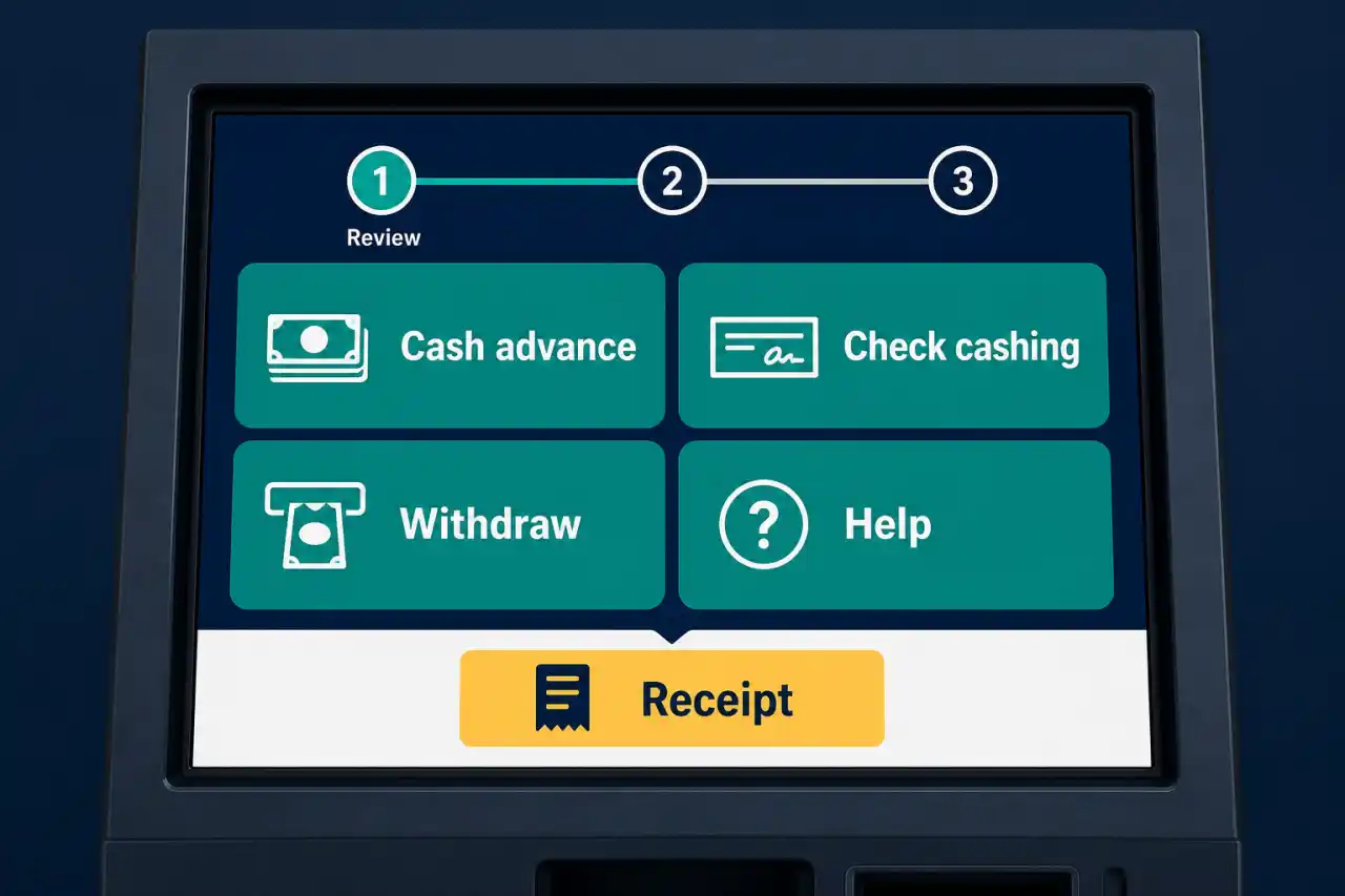Illustrative accessible cash kiosk screen for cash advance, check cashing, withdrawal, help, review, and receipt.