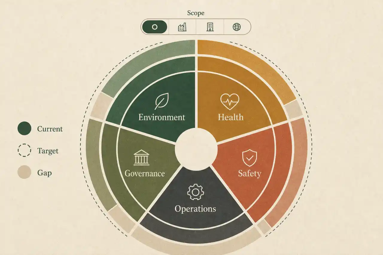 Illustrative EHS and sustainability assessment wheel comparing current state, target state, and gaps by scope.