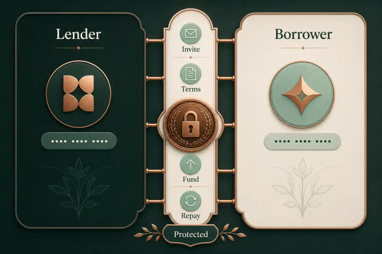 Illustrative secure agreement flow connecting a lender and borrower through invitation, terms, funding, and repayment.