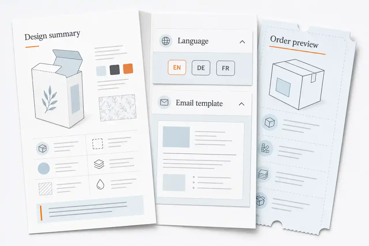 Illustrative multilingual order review with design summary, language controls, email template, and order preview.